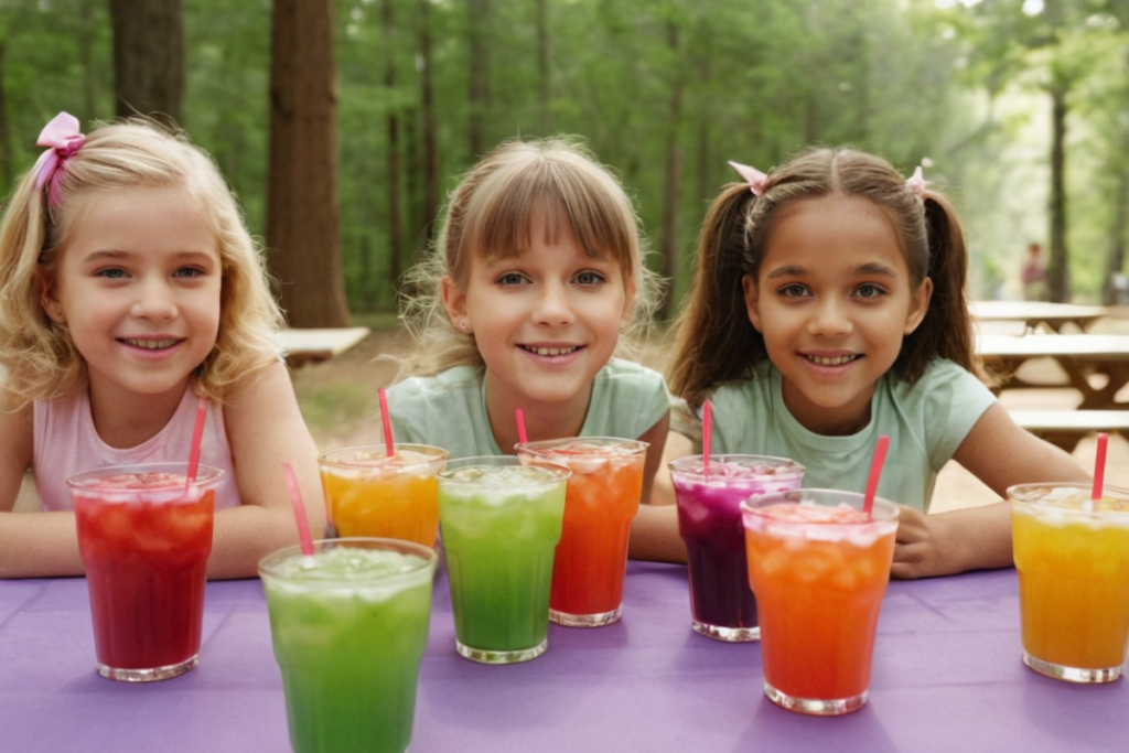 Three smiling girls enjoying colorful glasses of bug juice kids' drink at an outdoor picnic table in the woods.