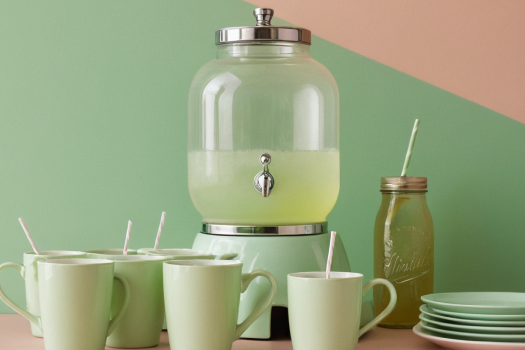 Pastel green drink dispenser with matching cups and plates, featuring a light yellow beverage inspired by military bug juice in a clean, minimalistic setup.