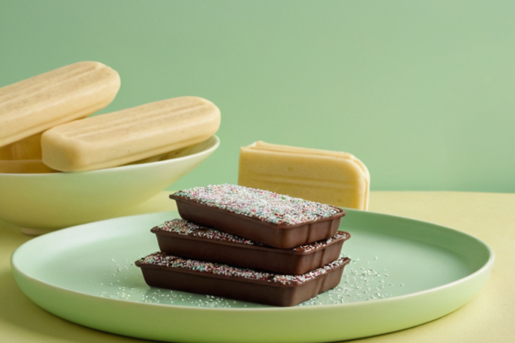 Homemade Eskimo Pie popsicles with chocolate coating and colorful sprinkles on a pastel green plate, surrounded by vanilla popsicles, all set against a pastel green background.