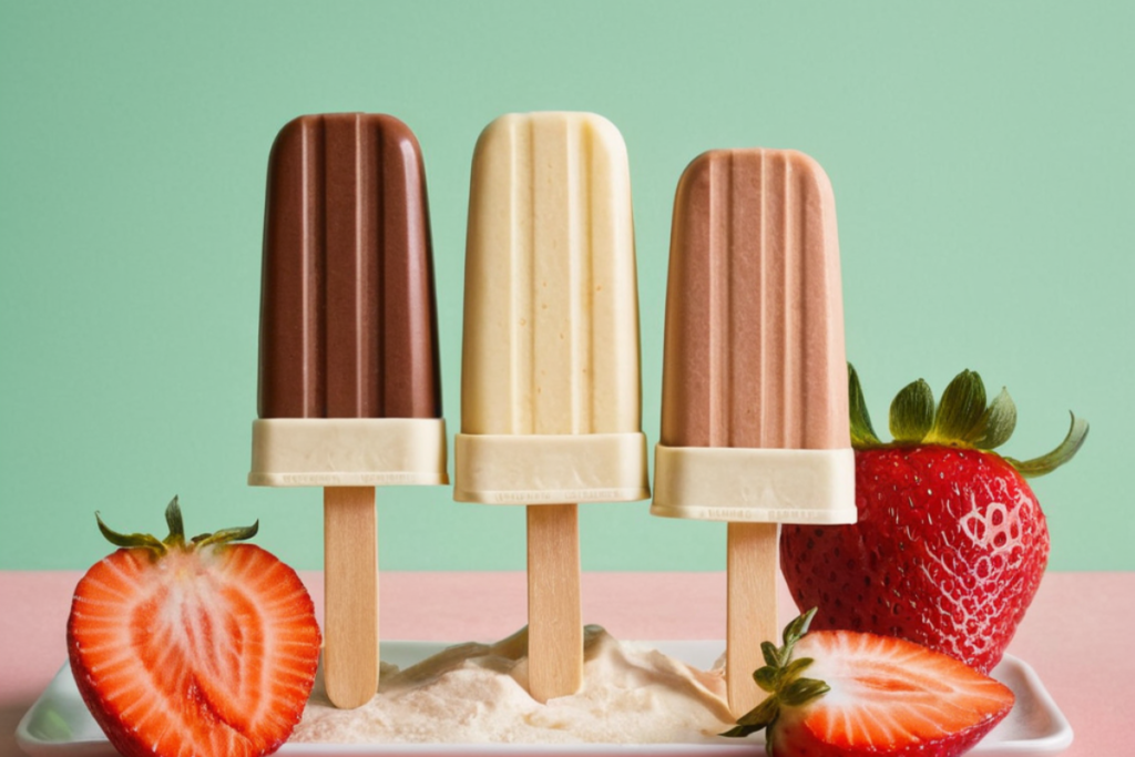 Creamy vanilla, chocolate, and fruit popsicles displayed on a pastel green background. No ice crystals, showcasing smooth, rich texture.