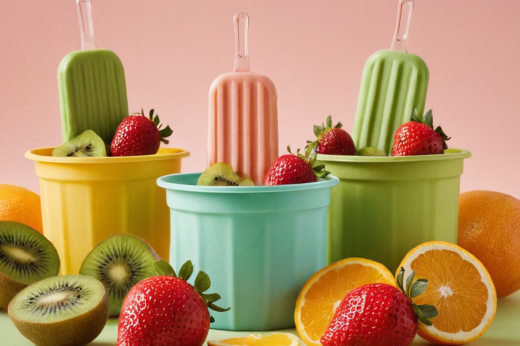 A variety of homemade popsicles made without molds using everyday kitchen items like ice cube trays and paper cups, with fresh fruit and colorful layers. The popsicles are displayed against a pastel green background.