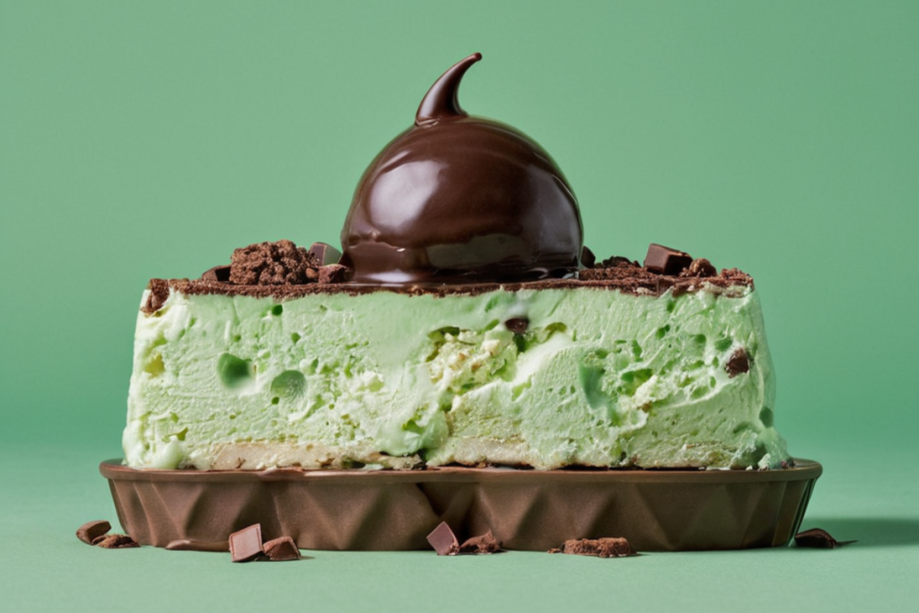 Chocolate-covered ice cream bar on a pastel green background representing the rebranding of Eskimo Pie to Edy’s Pie due to cultural sensitivity.