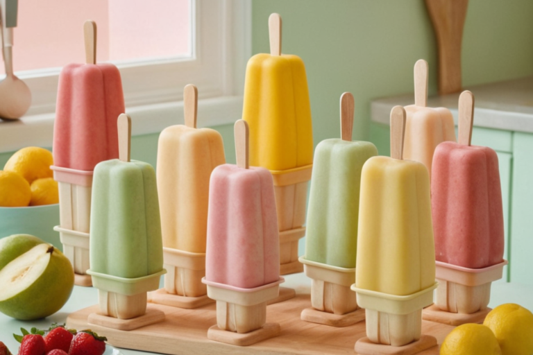 Homemade popsicles stored in airtight containers, beeswax wraps, and silicone bags to prevent freezer burn, displayed on a pastel green countertop.