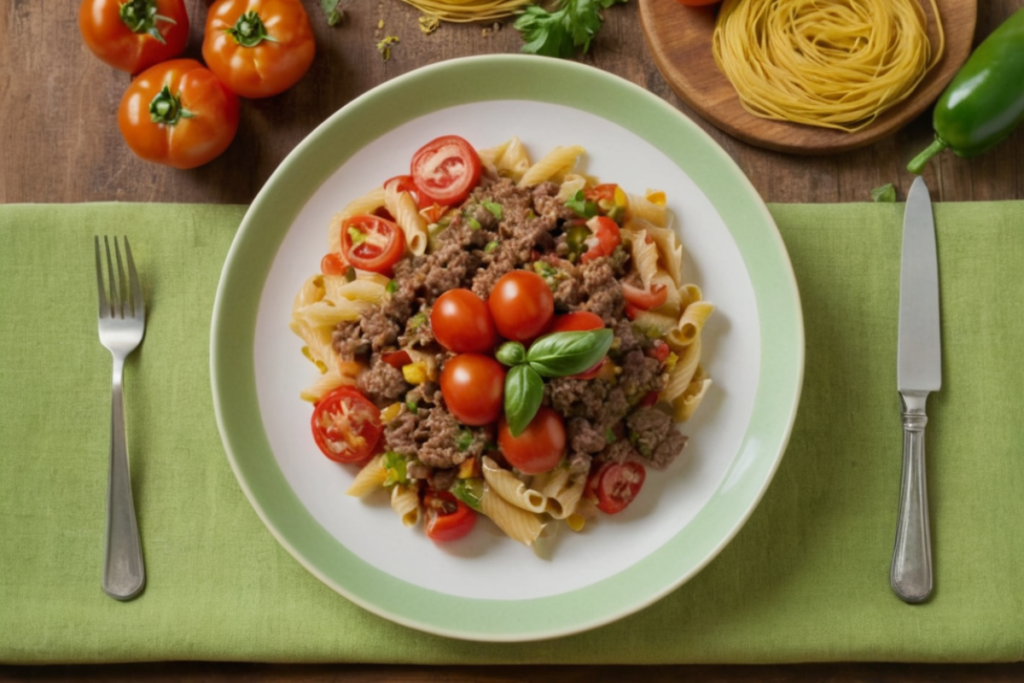 A plate of Coaltana pasta with tomatoes, bell peppers, ground beef, and parsley on a rustic wooden table with pastel green accents.