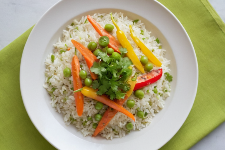 A beautifully plated dish of Jalbiteworldfood with basmati rice and vibrant vegetables garnished with fresh cilantro on a white plate against a pastel green background.