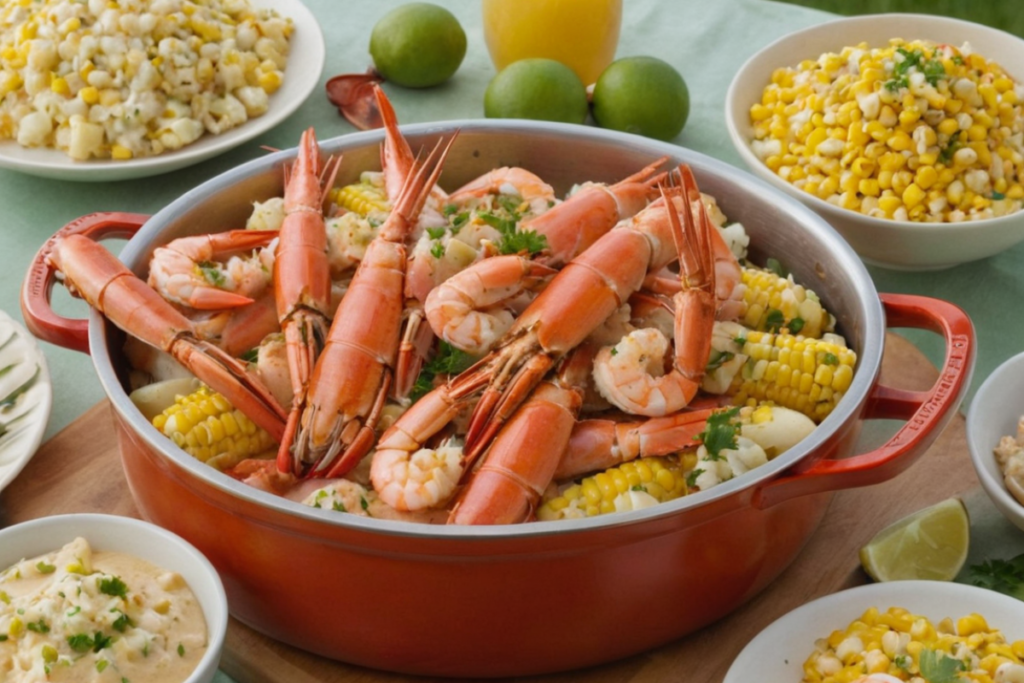 Seafood boil with crab, shrimp, corn, and potatoes in garlic butter sauce, served with a pastel green accent background.