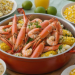 Seafood boil with crab, shrimp, corn, and potatoes in garlic butter sauce, served with a pastel green accent background.