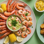 Top-down view of a seafood boil with shrimp, crab legs, corn, and potatoes on a pastel green table, served with buttery seafood boil sauce.