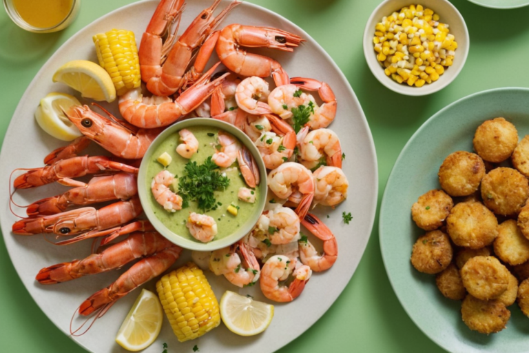 Top-down view of a seafood boil with shrimp, crab legs, corn, and potatoes on a pastel green table, served with buttery seafood boil sauce.