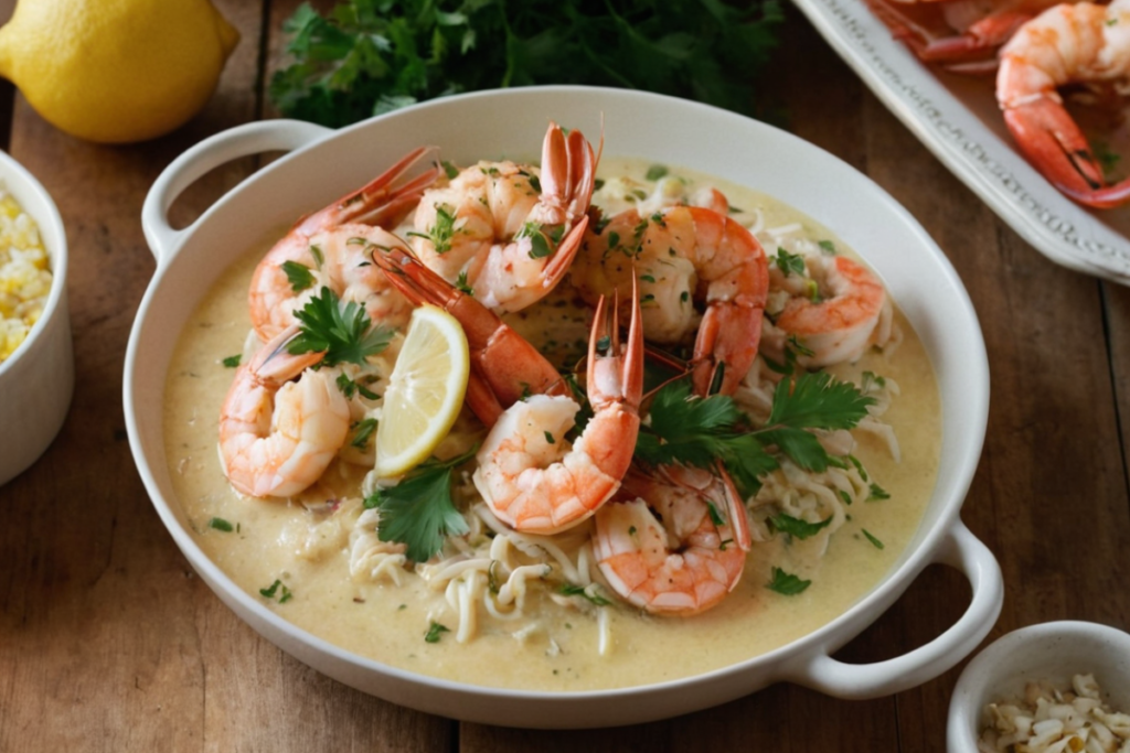 Ingredients for seafood butter sauce: butter, garlic, herbs, and spices poured over shrimp, lobster, and crab with lemons.