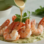 What makes seafood sauce thicker – A creamy seafood sauce poured over shrimp demonstrating thick sauce consistency on a pastel green background