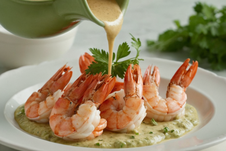 What makes seafood sauce thicker – A creamy seafood sauce poured over shrimp demonstrating thick sauce consistency on a pastel green background