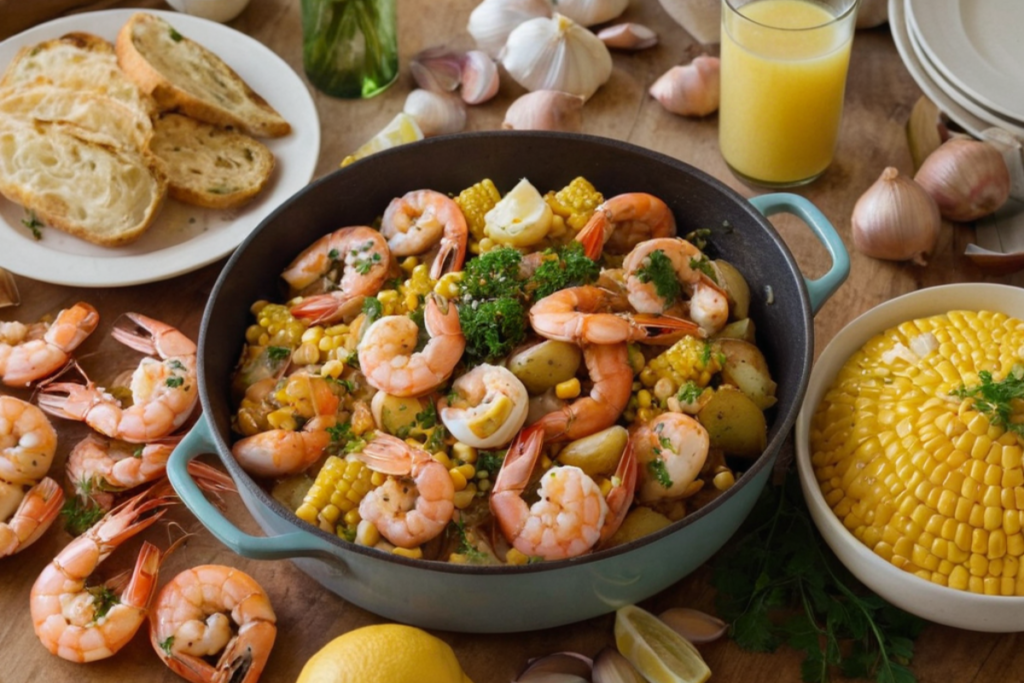 A vibrant seafood boil featuring shrimp, crab, corn, and potatoes garnished with orange slices and fresh herbs, with a pastel green table setting.