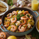 A vibrant seafood boil featuring shrimp, crab, corn, and potatoes garnished with orange slices and fresh herbs, with a pastel green table setting.